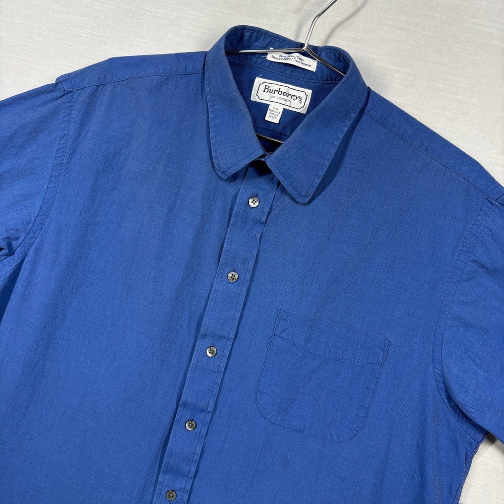 Vintage Burberry's of London Dress Shirt Men 17-35 Blue USA Long Sleeve Pocket